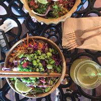 Tofu scramble, soba noodle, and pineapple Kombucha!  at a'a Roots Health Cafe in Lahaina