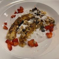 Vegan heaven - tapioca pudding, brûlée banana, house made granola, berries at Twisted Fern in Park City