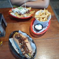 Vego chilli+fries and polish hot dog (mayo vegan) at Tippler's Tap in South Brisbane