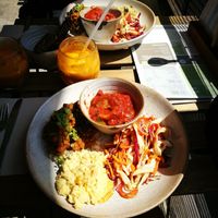 Mixture of foods from bufet at mymuybueno Deli in Mallorca