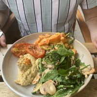 Sweet potato curry (coconutty flavour), slow roast tomatoes, mushroom and spinach, hummus! at mymuybueno Deli in Mallorca