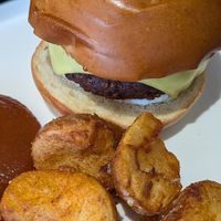 Burger and chips at Green Man's Arms in Carlton