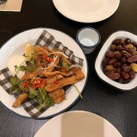 King oyster calamari and olives   at Green Man's Arms in Carlton