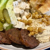 Chorizo plate with feta, hummus, focaccia & so on  at Green Man's Arms in Carlton