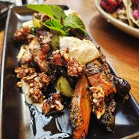 Roasted Carrots and Aubergine with Grapes, Candied Walnuts, Cashew Cream and Chimichurri Dressing at Atticus Finch in Rotorua