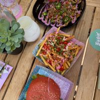 Two burgers with loaded freak fries! at Vegan Junk Food Bar - De Pijp in Amsterdam