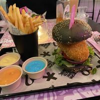 Fizz burger and fries with mustard mayo and blue daddy sauce    at Vegan Junk Food Bar - De Pijp in Amsterdam