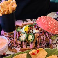 Shawarma burger, really good. The purple sauce was incred   at Vegan Junk Food Bar - De Pijp in Amsterdam