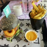 VJFB Fizz (fish) burger, fries and cheesy sauce  at Vegan Junk Food Bar - De Pijp in Amsterdam