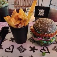 Chicken burger & fries at Vegan Junk Food Bar - De Pijp in Amsterdam