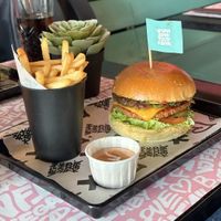 Cheeseburger with fries and dip  at Vegan Junk Food Bar - De Pijp in Amsterdam