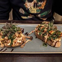 This is a starter! Assorted mushroom bruschetta topped with almond cream and pesto at The Porterhouse in Killarney