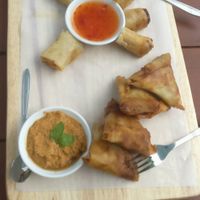 amazing tasting platter of Samosas and spring rolls!  at Moringa in Siem Reap