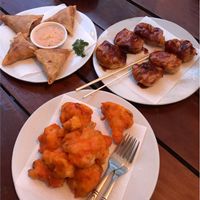 Texas bbq tofu nuggets, spicy cauliflower wings and vegetable samosas  at Moringa in Siem Reap