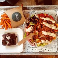 Taco salad, sweet potato fries and Oreo brownie at Fressh in Birmingham
