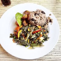 Vegan okra and Vegetables plate at Kool Runnings in Inverness