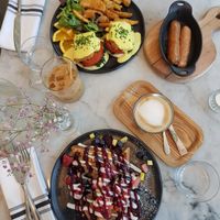 Waffles, "egg" benedict with extra Beyond Meat sausage at LOV in Laval