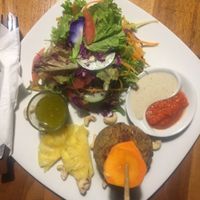 3 bean patties served with salad and choice of dressings. Also ordered an Indonesian drink, iced tea, raw fruit/veggie platter and soup. Came out to around RP 137 000 at Milas in Yogyakarta