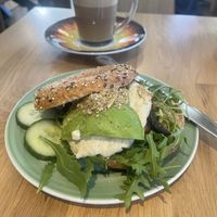 Mega vega bagel and Mushroom soy latte at Bagels & Beans in Maastricht