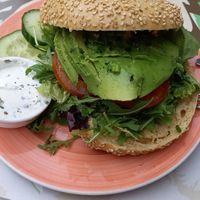 Avocado bagel with chives cream cheese at Bagels & Beans in Maastricht