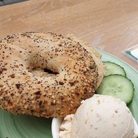 Vegan cream cheese in an everything bagel at Bagels & Beans in Maastricht
