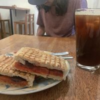 Focaccia and iced coffee  at La Rabona Peruvian Deli in Cusco