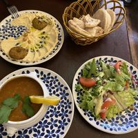 Starters including hummus, salad and a chickpea soup  at Marrakech Artisan in Hastings
