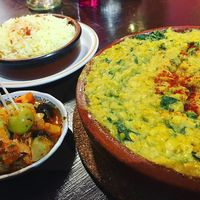 Lentil, spinach and coconut dhal with rice.  at Marrakech Artisan in Hastings