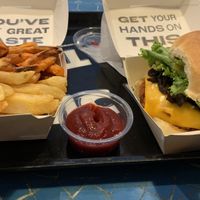 1/2 Sweet Potato Fries 1/2 Regulas Fries & BBQ Burger  at Beatnic - Rockefeller Plaza in New York City