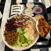 DIY salad, sweet potato fries, chik'n strips (made of jackfruit) - all delicious! The beet ketchup was especially good. at Beatnic - Rockefeller Plaza in New York City