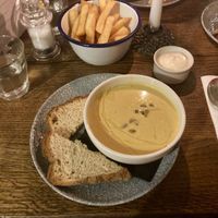 Cauliflower soup, GF bread & chips   at The Old Bicycle Shop in Cambridge