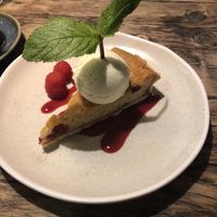 Raspberry and frangipane tart  at The Old Bicycle Shop in Cambridge