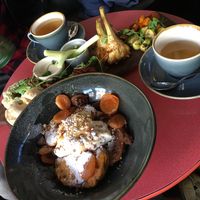 Delicious mixed platter and sweet potato pancakes.  at The Old Bicycle Shop in Cambridge