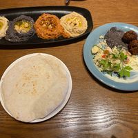 Hummus platter, pita bread, and falafel  at Hummus Kitchen at Parnas Mall in Seoul