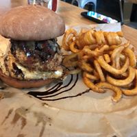 Fancy Pants burger with fried tofu and loaded hashbrown patty at Bites & Pints Gastro Pub in Greensboro