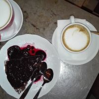 Vegan cake and vegan cappuccino at Cafe Bar 67 in Athens