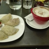 vegan piroski and vegan cappuccino at Cafe Bar 67 in Athens