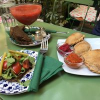 Piroski, vegan sandwich and gazpacho soup at Cafe Bar 67 in Athens