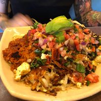 Hash browns, soychorizo, tofu scramble and every veggie off their menu! at Snooze - Larimer St in Denver