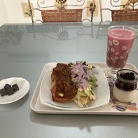 Breakfast including vegan chocolate treats (that I liked and then got a pack of it as a present, so nice!)  at Loving Hut Paradise Island in Penghu