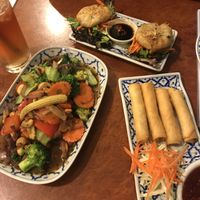 Tofu cashew nut stir fry, chive dumplings and Lady finger rolls  at Madame K's Vegetarian - Williamstown in Williamstown