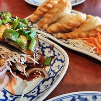 Miso glazed eggplant and curry puffs. at Madame K's Vegetarian - Williamstown in Williamstown