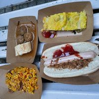 Paella, hot dog, pastry and meatballs  at Green Meat in San Sebastian