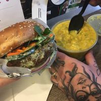 The burger and Punjabi style golden curry   at Small Mart in New Orleans