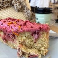 Orange cake with raspberry frosting served in 30C heat…   at Serpentine Bar & Kitchen in London