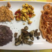 Azuki bean  chickpea hummus, seitan with mushrooms, scrambled tofu, tagliatelle at Al Mangiar Sano in Mortara