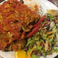 Vegan moussaka with rice and salad at Silk Road Cafe and Restaurant in Goreme