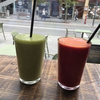 Fresh juice with avocado and one with beetroots at We Feat Pure Organic in Aalborg