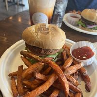 Classic Chick’n sandwich with sweet potato fries and Thai iced tea  at Seed Shack in Gilbert