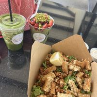 Caesar salad with chicken, Matcha smoothie and a Dubai chocolate strawberry cup  at Seed Shack in Gilbert